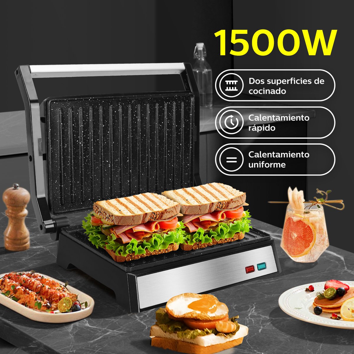Aigostar Contactgrill - Panini Grill - 1500W - RVS/Zwart