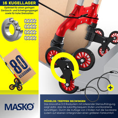MASKO® Steekwagen opvouwbaar 80 kg Laadvermogen Trapsteekwagen 3x3 incl. Wielen + 2x Uitzettouwen + Handschoenen - In Hoogte Verstelbare Handgreep - Aluminium Transportkar