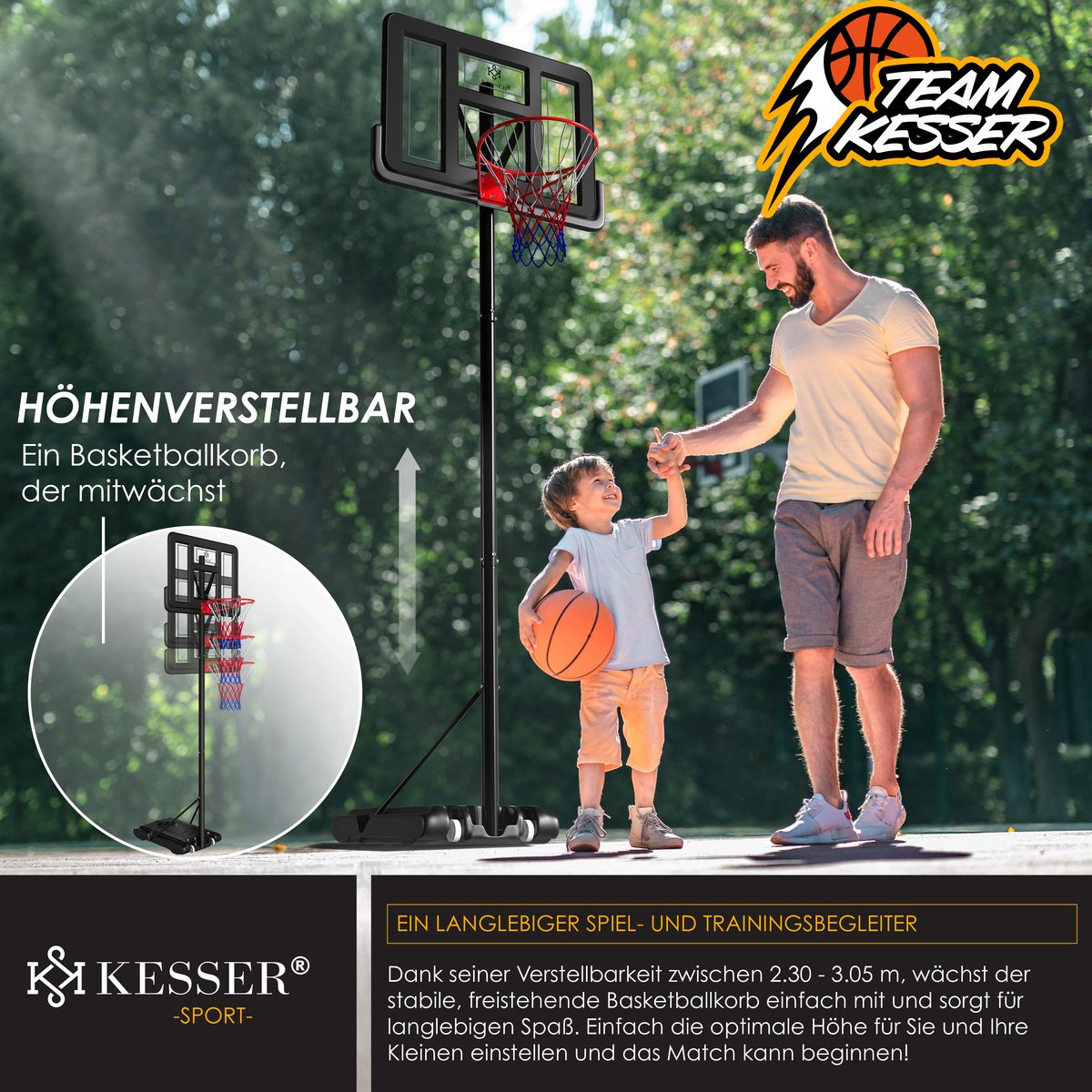 KESSER® Basketbalpaal - Basketbalstandaard - Verstelbaar - 230cm-305cm - Zwart