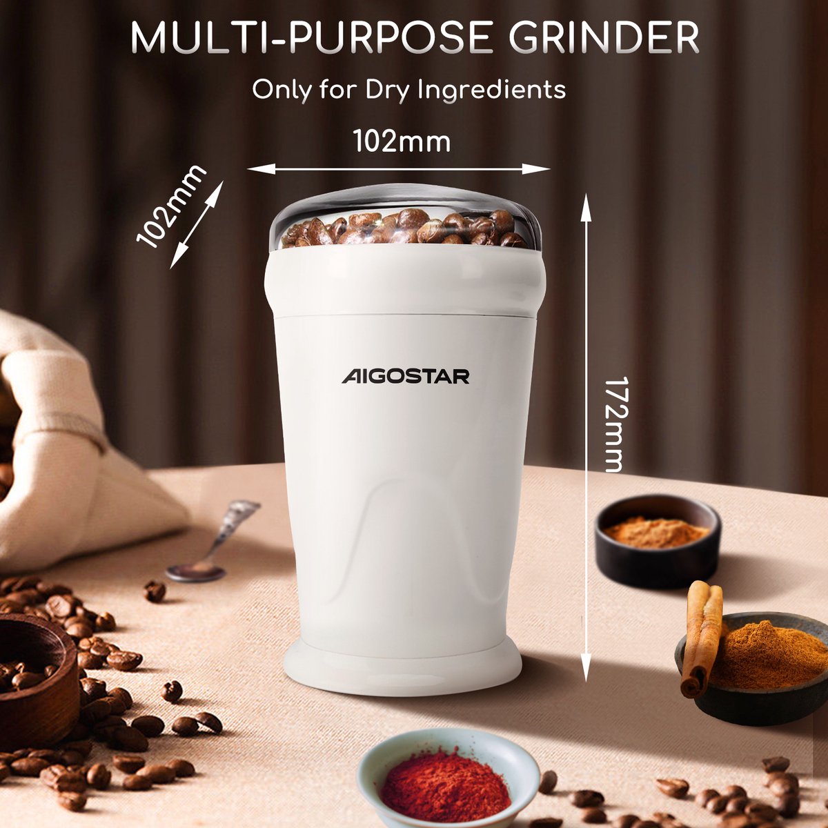 Aigostar Elektrische  Koffiemolen - koffiemaler - 150W - Wit •
