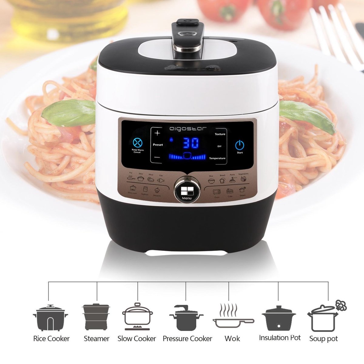 Aigostar Snelkookpan Multicooker - 5,5 Liter - Slow Cooker - Rijstkoker - Stomer
