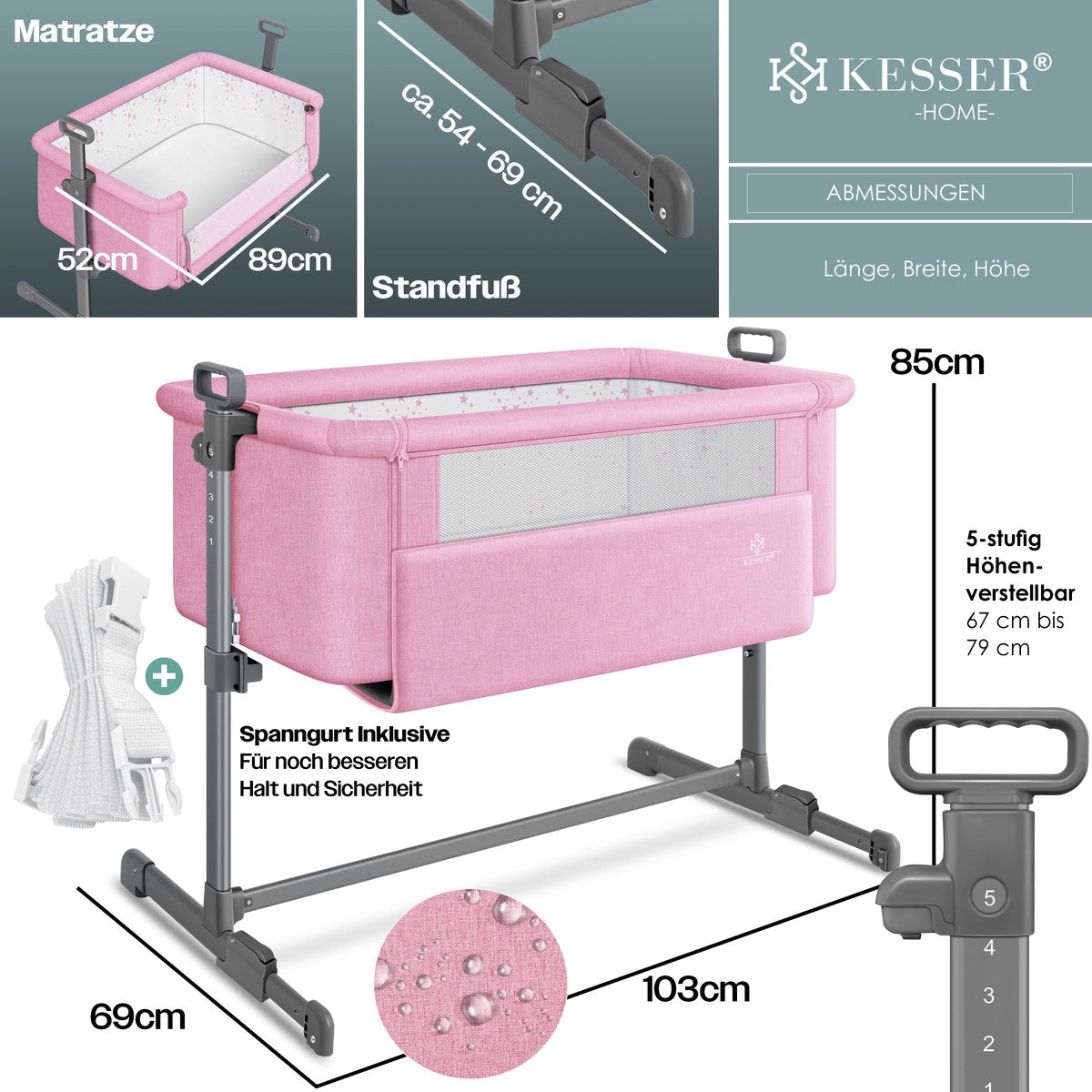 KESSER® 3in1 Ledikant - Babybed - Verstelbaar - Inklapbaar - Lichtgrijs