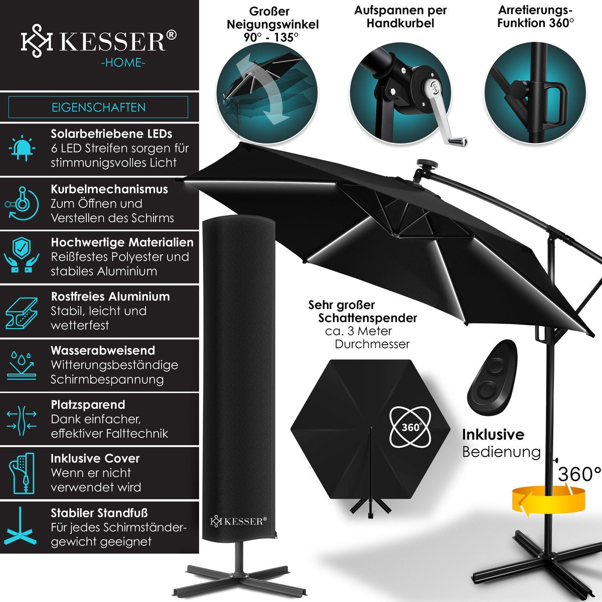 KESSER® Zweefparasol met LED Solar Verlichting en voet 350cm x 350cm - Parasol 360° Draaibaar Incl. Beschermhoes Tuinparasol