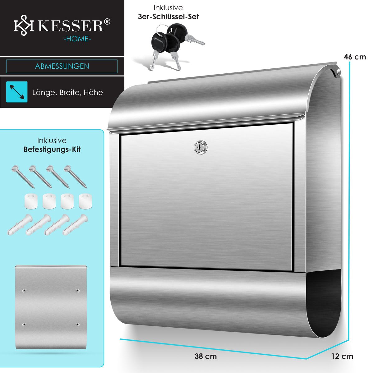 KESSER® RVS Brievenbus  - Wandbrievenbus - Krantenvak - Zilver