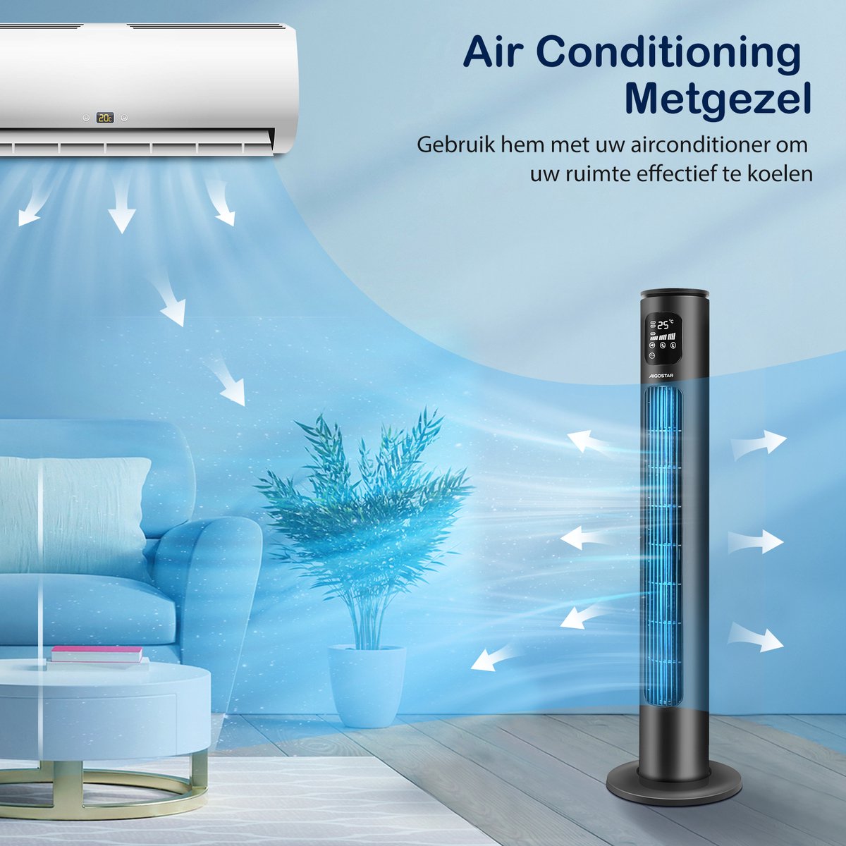 Aigostar Ross Smart - Torenventilator - Oscillerende Kolomventilator - Afstandsbediening & App Bediening - LED Scherm - 24-uurs Timer - Ventilatoren Staand - 50W - Zwart