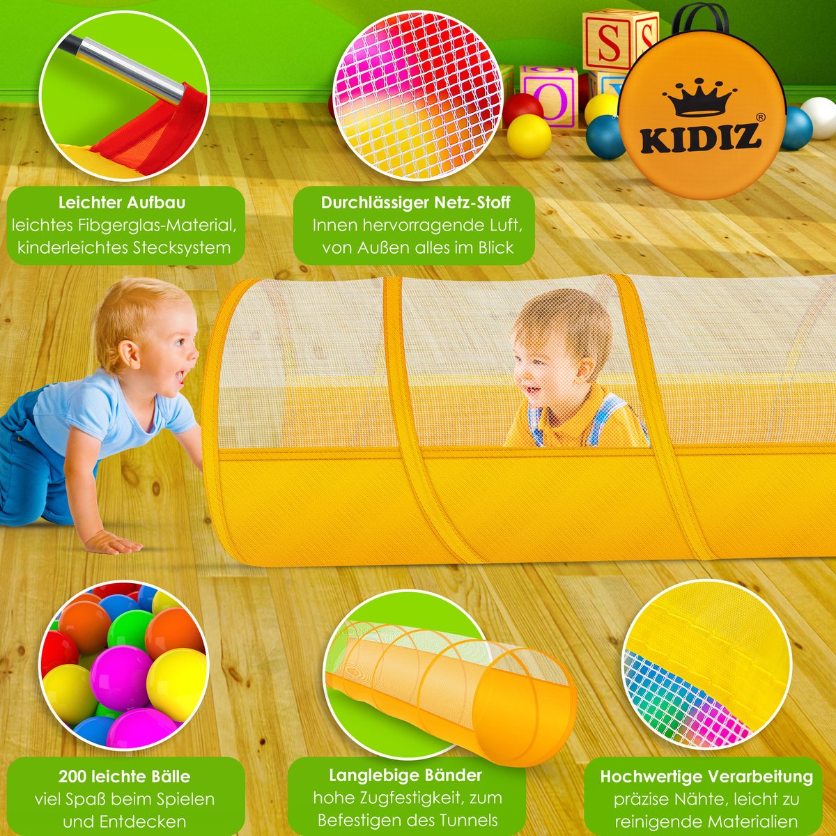 KIDIZ® Ballenbak Speeltent - Kindertent met 200 ballen - Ballenbad Speelhuis - Ideaal voor huis & tuin - Tunnel - XXL