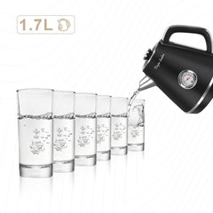 Waterkoker - Retro - met thermometer - 1.7L - 2200W - Zwart •