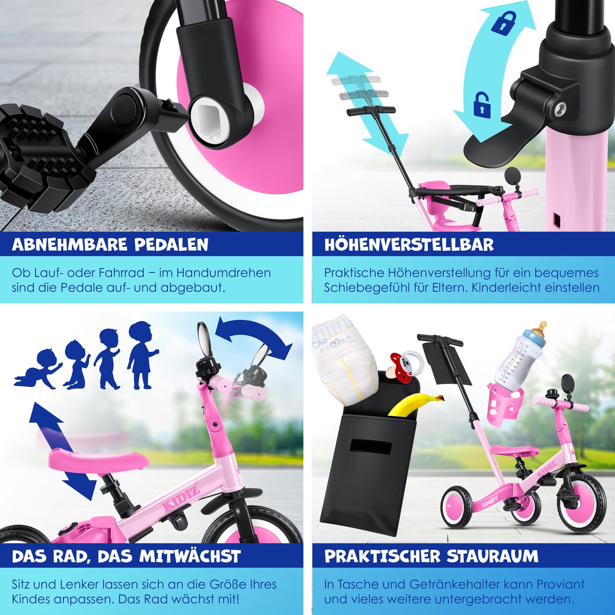 KIDIZ® Loopfiets 6in1 - Driewieler - Kinderfiets - 1-5 Jaar - Roze