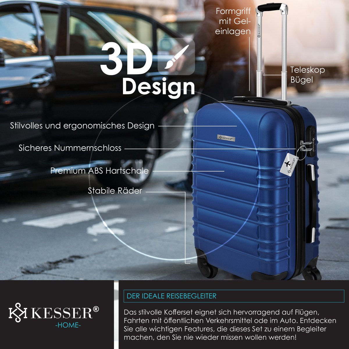 KESSER® Reiskofferset - 4-delig - ABS- Kofferset - Blauw