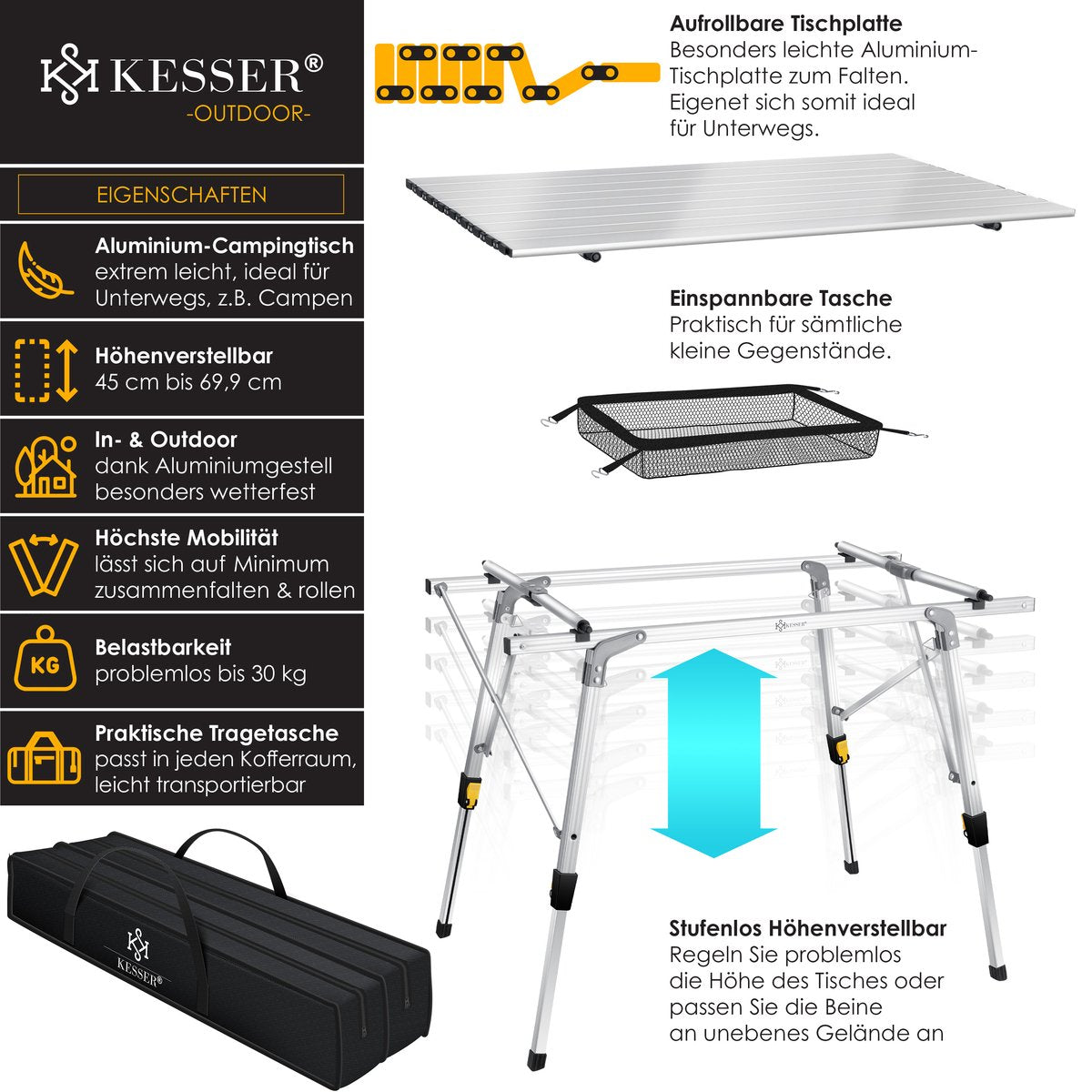 KESSER® Campingtafel inklapbare Tafel - Vouwtafel voor Buiten en Camping 90 x 53 cm - Zilver