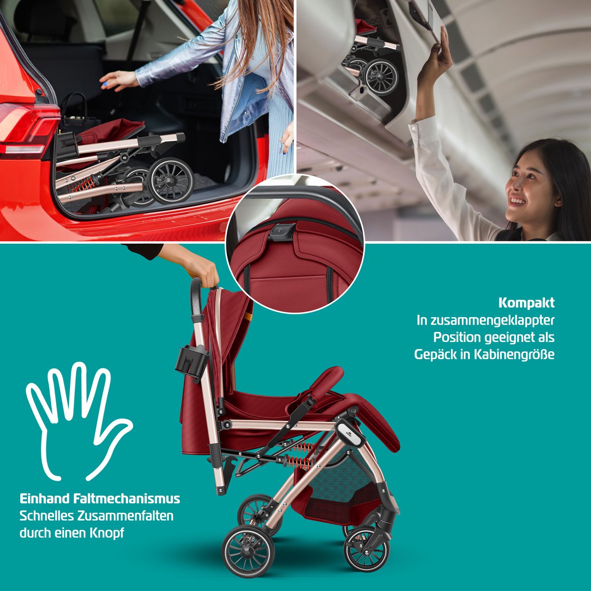 KIDIZ® Buggy 3 in 1 Kinderwagen Inklapbaar met voetenzak Baby Plooibuggy Wandelwagen inclusief Bekerhouder, regenhoes & klamboe Reisbuggy - Rood / Champagne