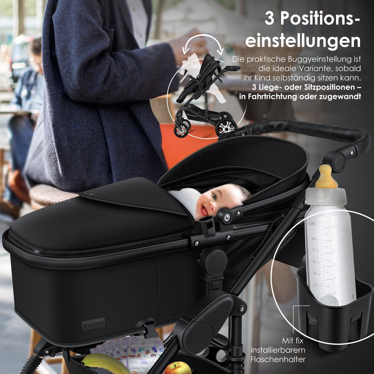 Kinderwagen 3 in 1 - Buggy - Wandelwagen - Kinderbuggy - Zwart - KESSER®