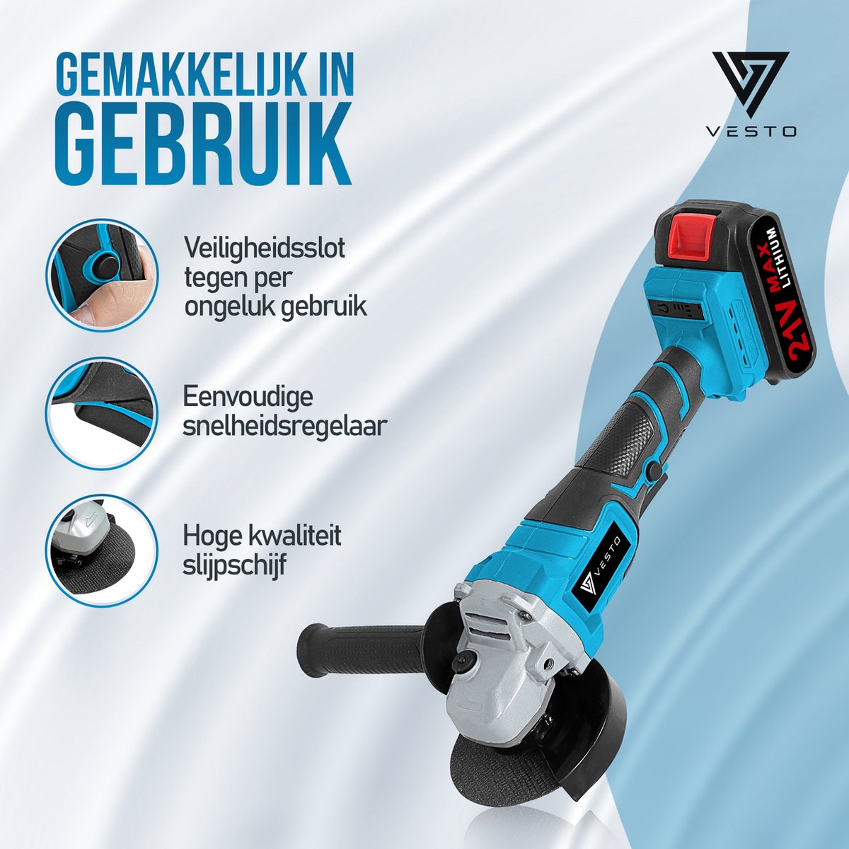 Vesto® Haakse Slijper - Draadloze Slijptol - Elektrische Slijpmachine - Incl. 3x Slijpschijf & 2x Accu - Ø125MM