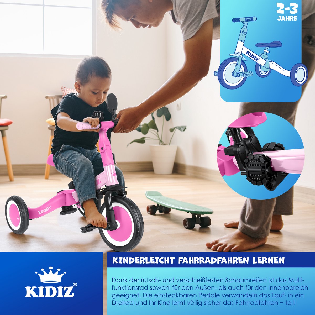 KIDIZ® Loopfiets 6in1 - Driewieler - Kinderfiets - 1-5 Jaar - Roze