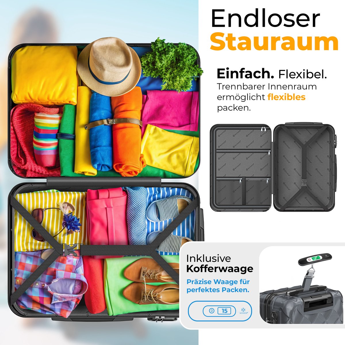 KESSER® Kofferset 4-delig | Reiskoffer met Wielen inclusief Paspoorthouder & kofferweegschaal & bagagelabel | Trolley Reiskofferset met groote Koffers & Handbagage / Ruimbagage - Charcoal