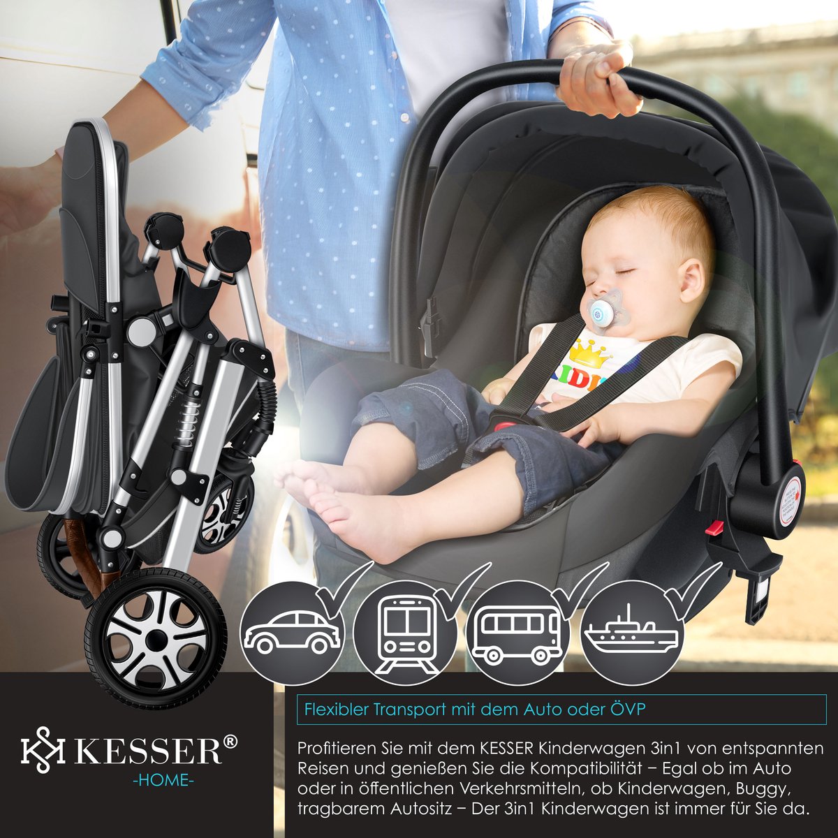 Kinderwagen 3 in 1 - Buggy - Wandelwagen - Kinderbuggy - Grijs - KESSER®