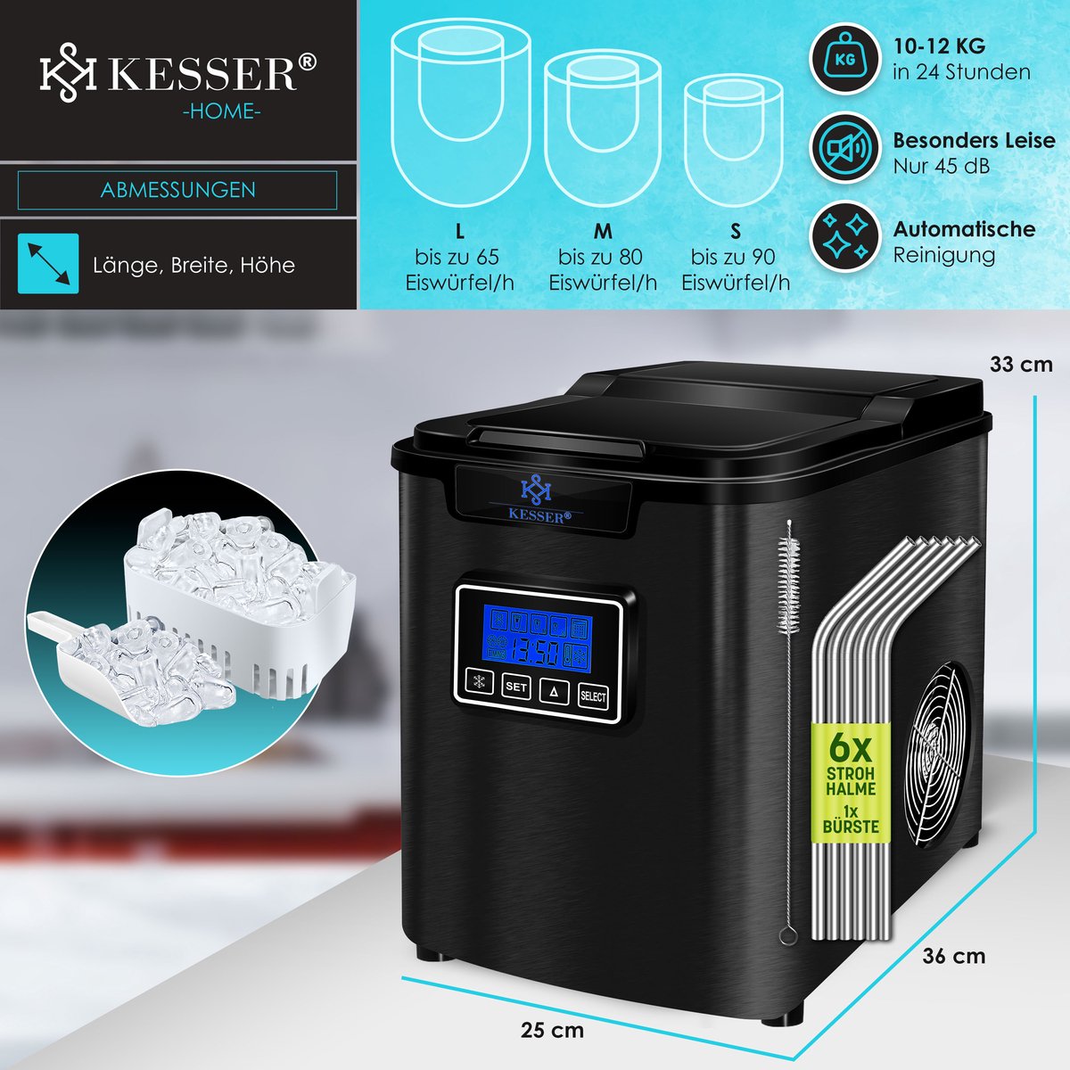 KESSER® Ijsblokjesmaker - Ijsblokjesmachine -12kg/24 uur - RVS - Zwart •