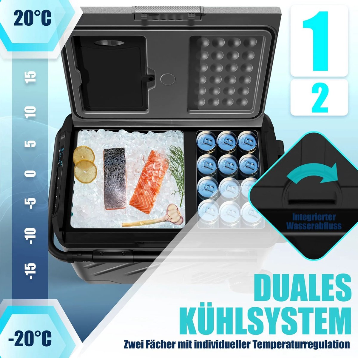KESSER® compressor elektrische koelbox | 41Liter Campingvriezer met LED-touchscreen | Met app-bediening en koelelementen, USB-poort, 12/24 V, 230 V | Koelbox voor auto's en vrachtwagens tot -20 °C