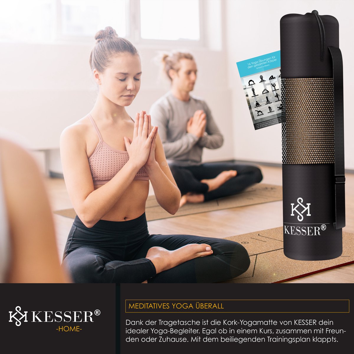 KESSER® Yogamat Kork 183x62cm Turnmat Gymnastiekmat Fitnessmat Inclusief Draagriem Tas & Yoga Blok - Bordeux