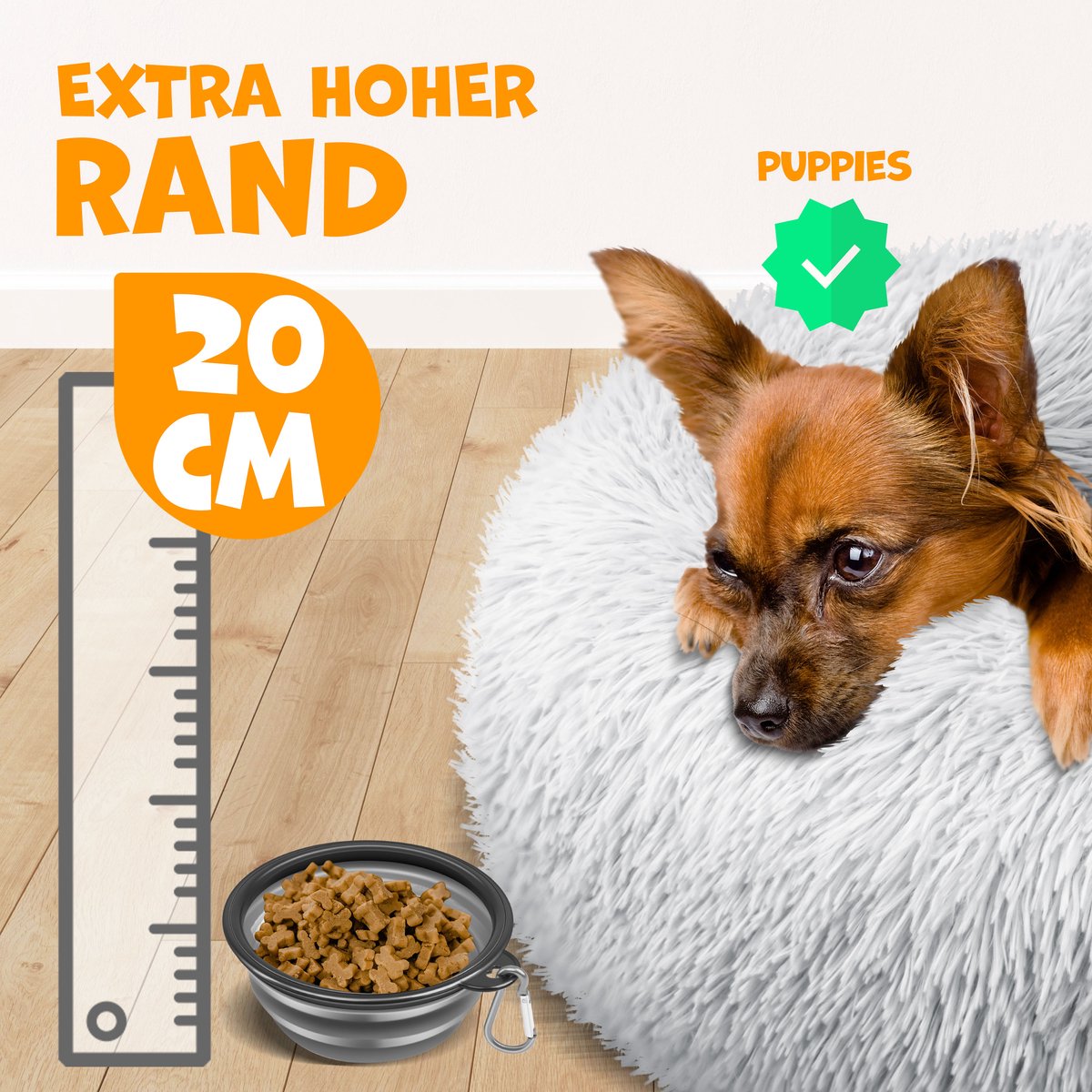 LOVPET® Hondenbed / Hondenmand / Hondenkussen Kattenbed Bagel, Afwasbaar, Incl. Kom + 3x Kauwbotjes, Hondenbank Pluche Kussen Rond Pluche Voor Kleine, Middelgrote & Grote Honden, Katten - 4XL (120 x 120 cm), Lichtgrijs