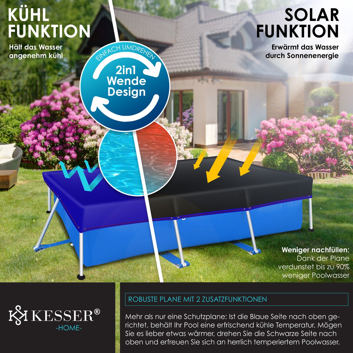 KESSER® Zwembad zonnezeil - Afdekzeil - 304x210cm - Blauw •