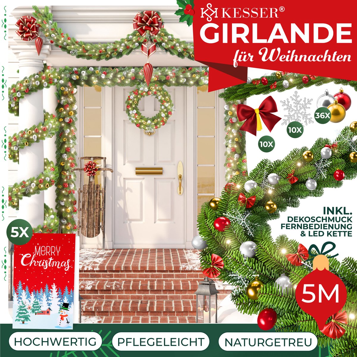 KESSER® Kerstslinger | Guirlande met 100 LED's warmwit Lampjes - Kerstversiering, Kerstguirlande LED verlichting voor Kerstboom en Binnen & Buiten, Kerstverlichting Slinger voor Kerstmis - Groen, 5M / 100 LEDs met afstandsbediening