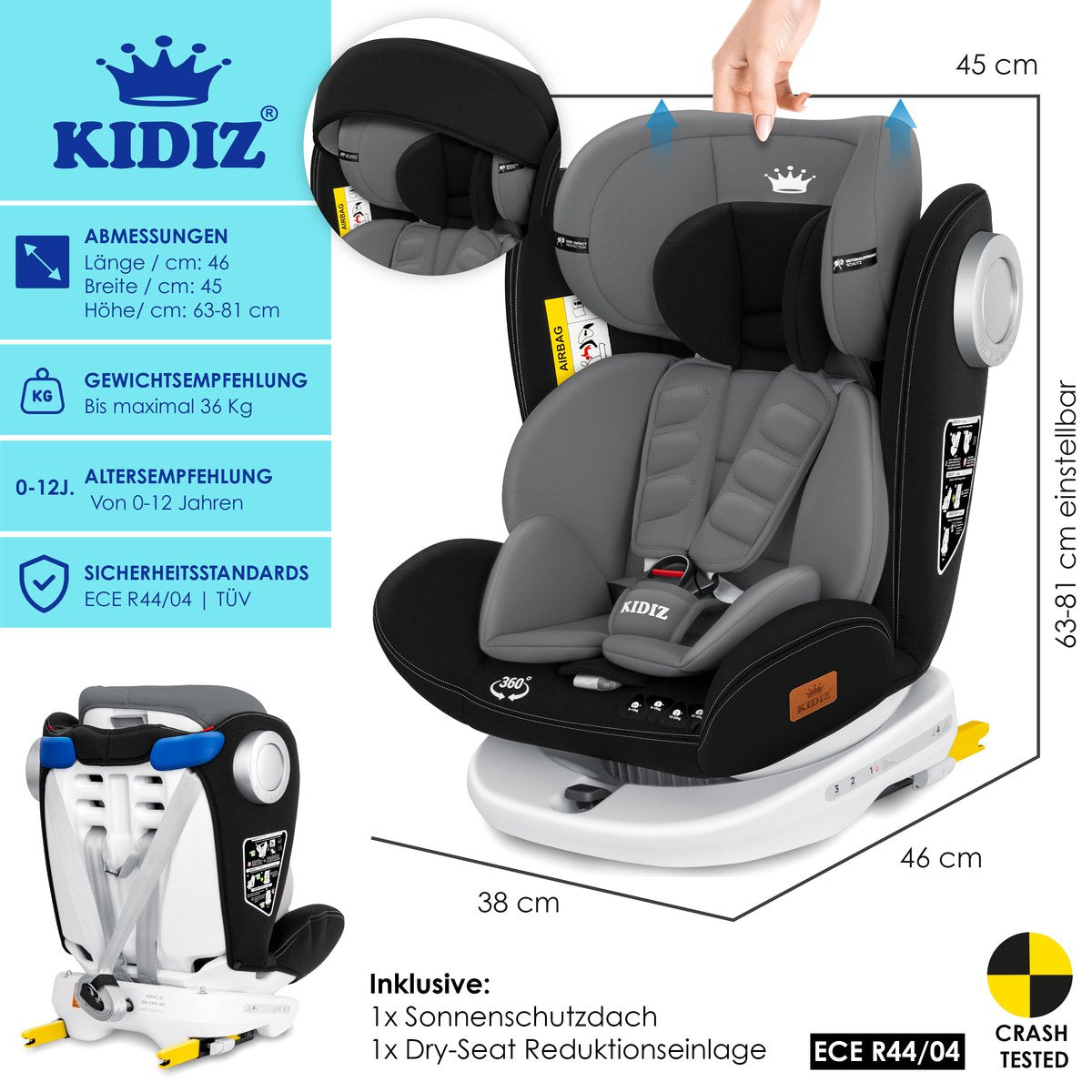 KIDIZ® Autostoeltje Isofix - 360° draaibaar - Zwart