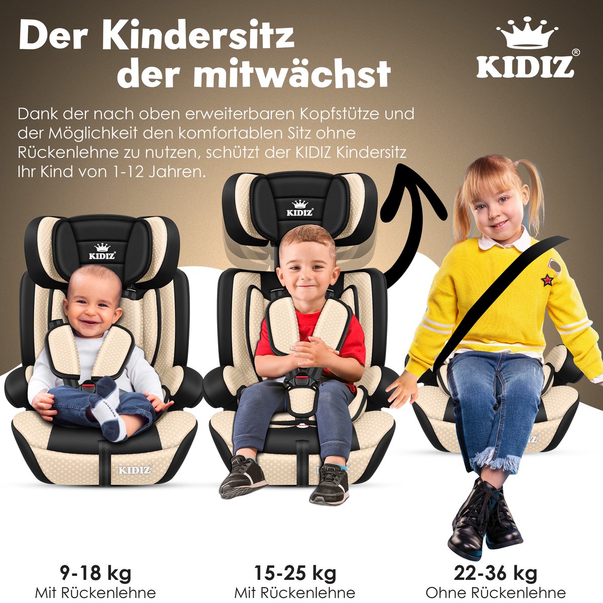 KIDIZ® Autostoeltje - 5-punts veiligheidsgordel - Beige