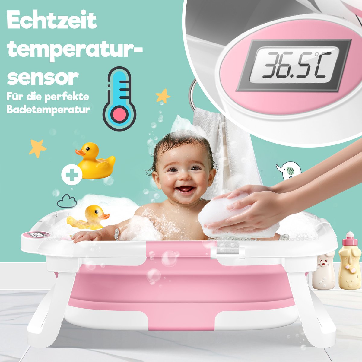 KIDIZ® Babybadje Opvouwbaar met Thermometer - 0-12 Maanden - Roze