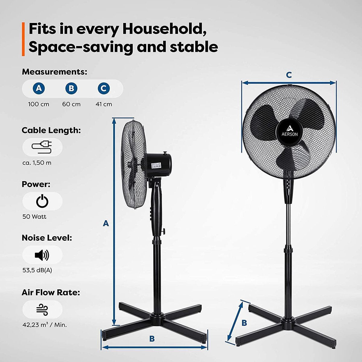 Aerson Statiefventilator - Ventilator Staand - Verstelbaar - 50W - Zwart