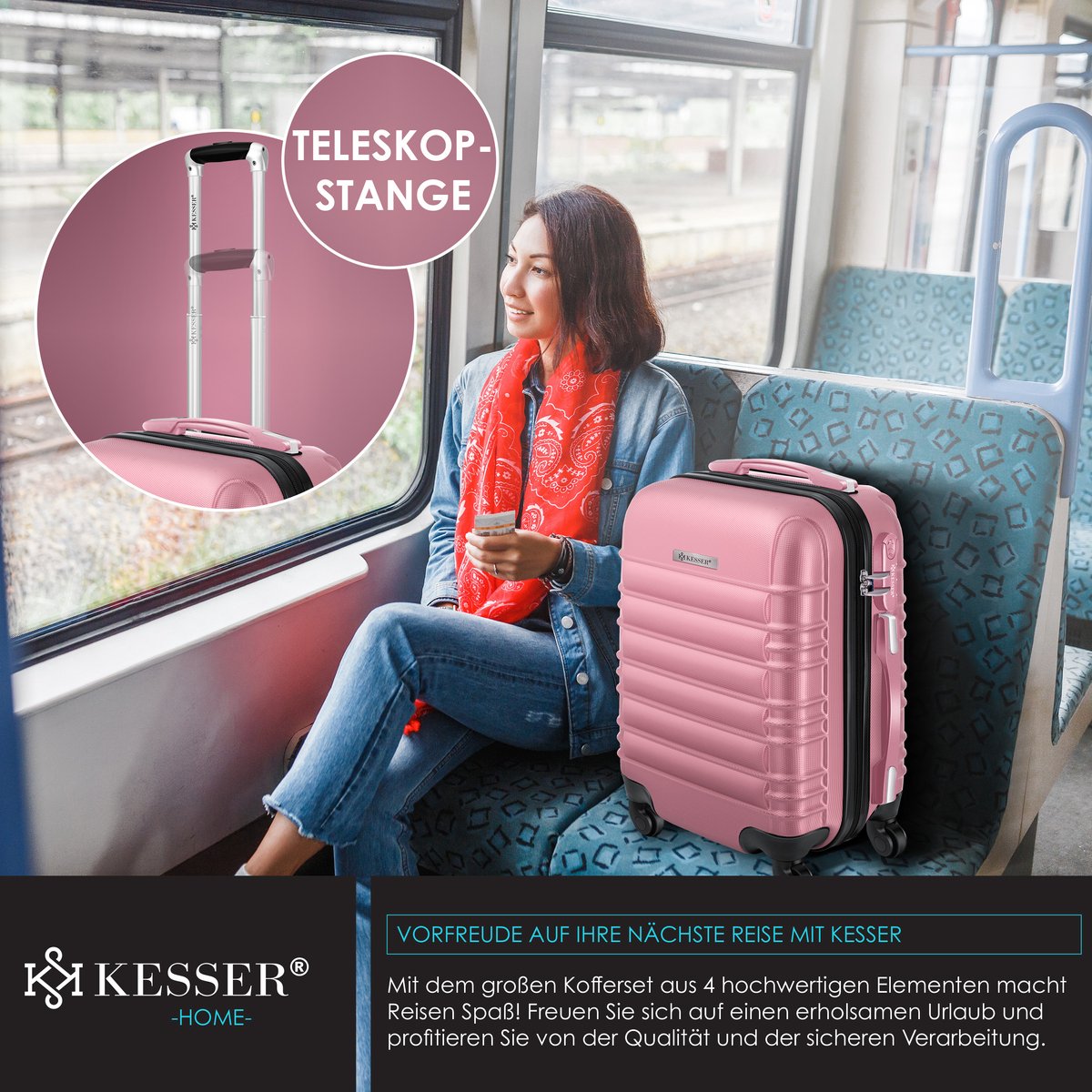 KESSER® 4x Koffer, reiskofferset, trolley koffer, incl. bagageweegschaal + bagagelabel rollend kofferslot, 4 wielen ABS, harde schaal telescoopgreep S-M-L-XL - Roze