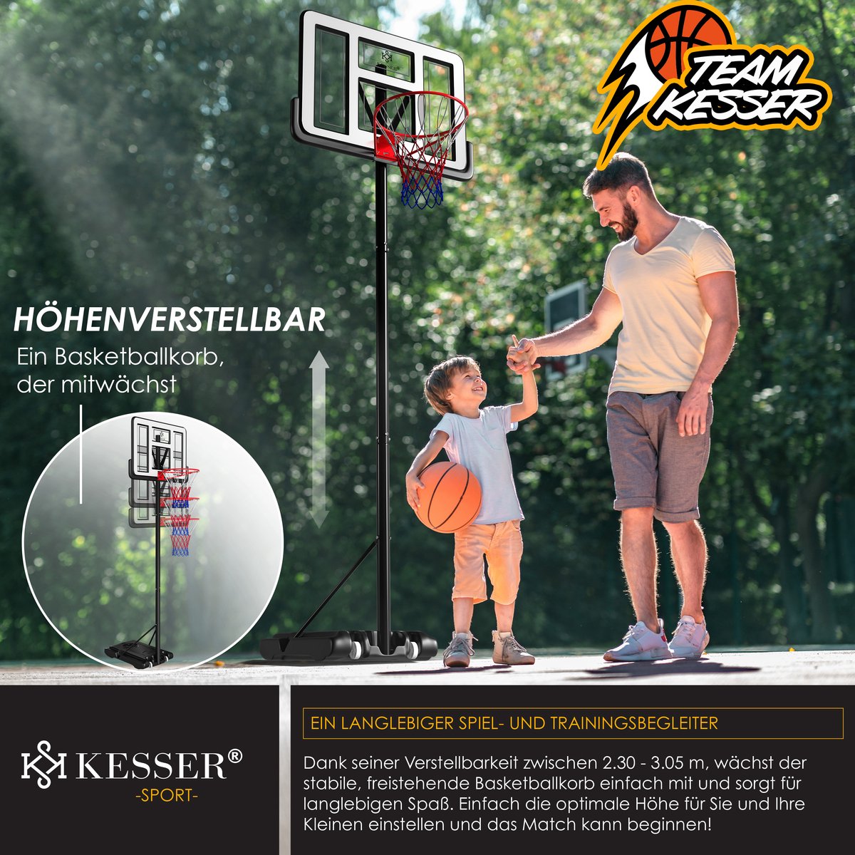 KESSER® Basketbalpaal - Basketbalstandaard - Verstelbaar - 230cm-305cm - Wit