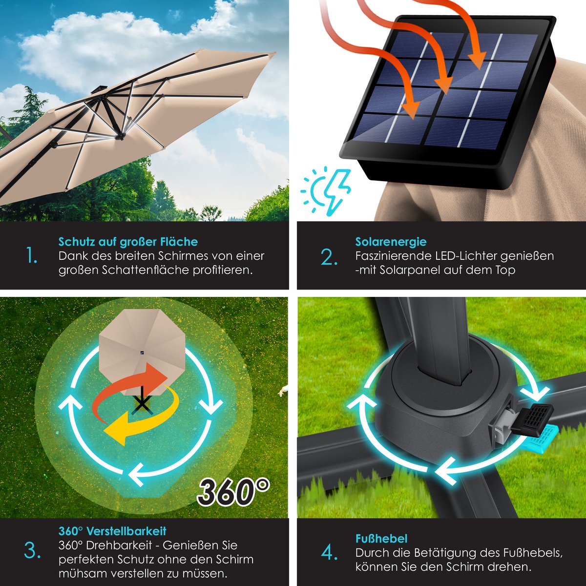 KESSER® SUN Zweefparasol XL Ø330 cm met LED Solar Verlichting - Parasol Inclusief Beschermhoes 360° Draaibaar UV50+ Tuinparasol Zonne-energie - Taupe