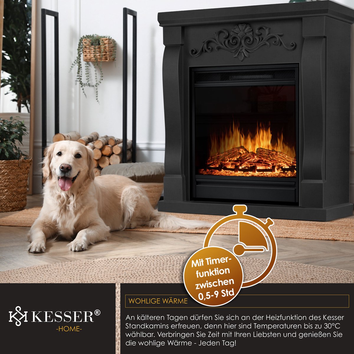 KESSER® Sfeerhaard Elektrisch Haard 1800W met LED Vlammen Dimbaar - Electrische Kachel met Timer & Afstandsbediening - Elektrische Verwarming met Thermostaat - Villa Zwart