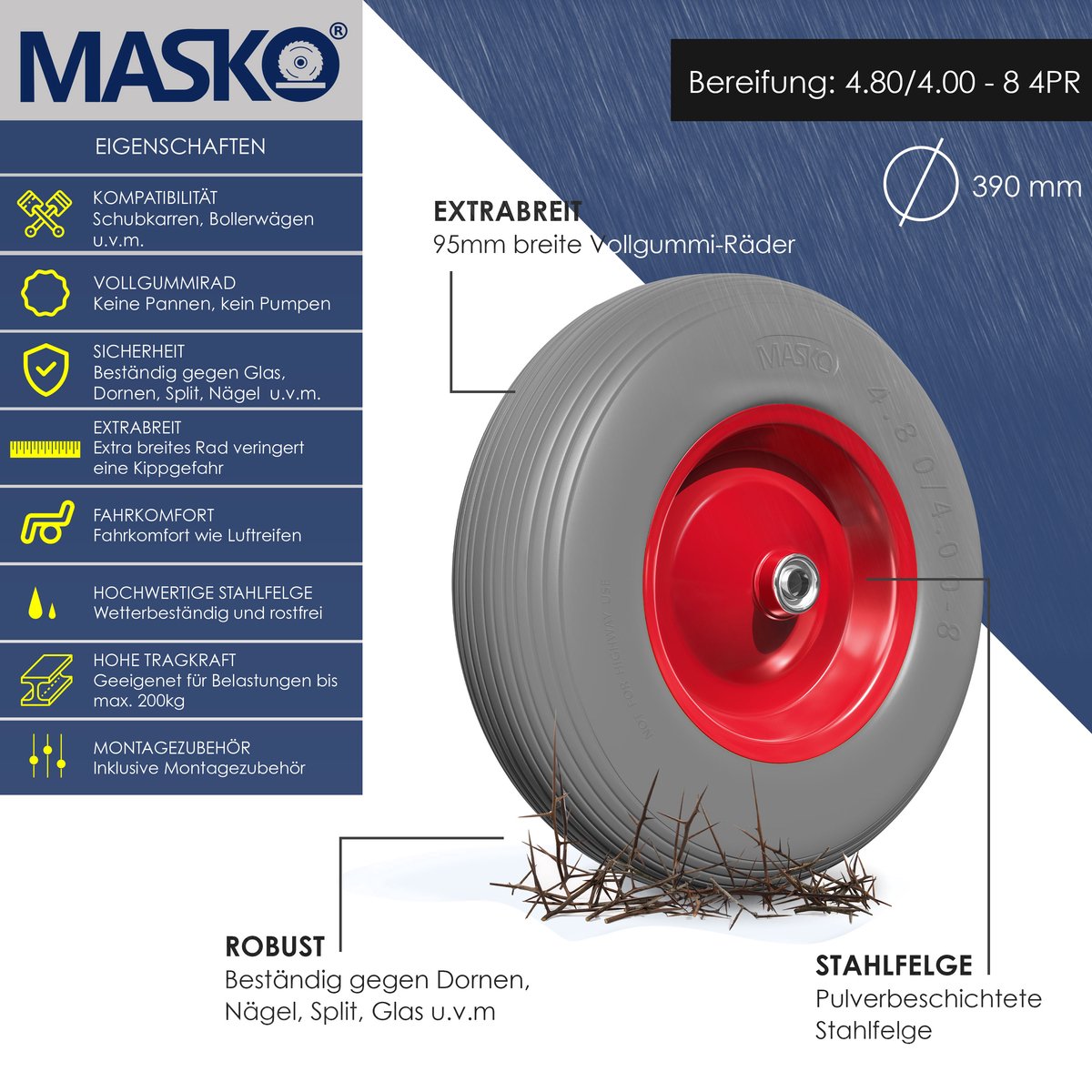MASKO® Kruiwagenwiel Massief - 4.80/4.00-8 Ø 390mm - Grijs