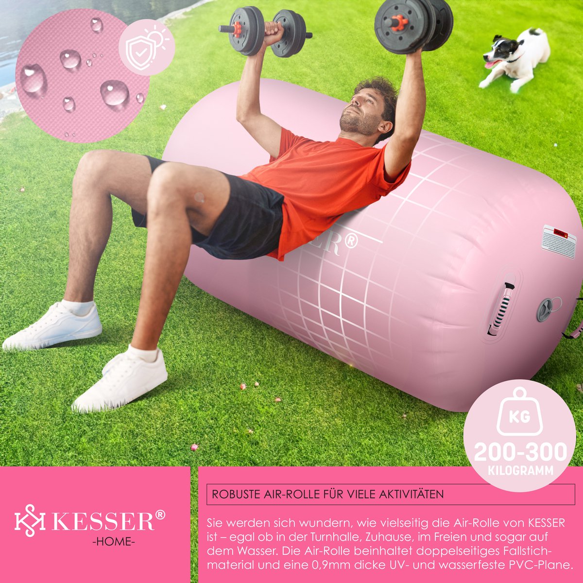 KESSER® Airtrack Turnmat opblaasbaare Gymnastiek Rol - Air Roll voor Gymnastiek & Turnen Fitness Mat Bal Rol met elektrische lucht-pomp Gymnastiekrol - Roze, 120 x 75 cm