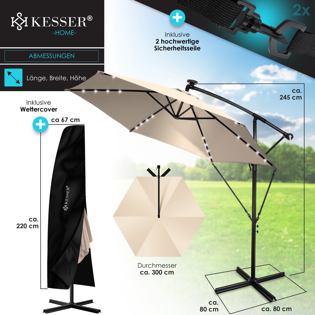 KESSER® Zweefparasol met voet - LED - Ø3m - 360° Draaibaar  - Beige •
