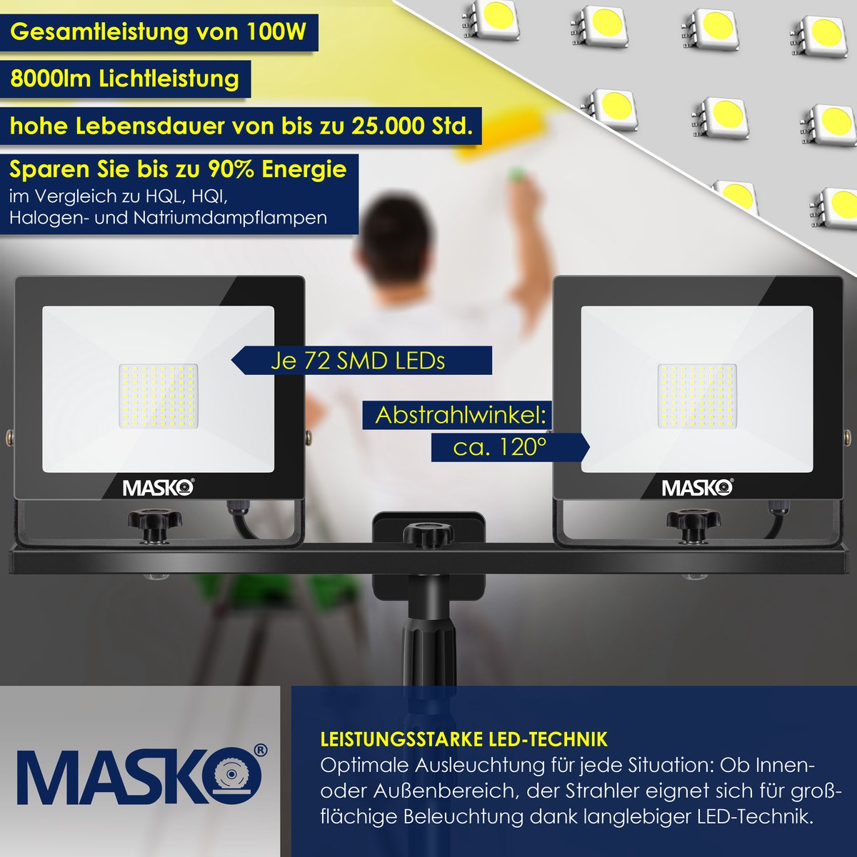 MASKO® LED Bouwlamp - 2x50W - Werklamp - IP65  - Zwart