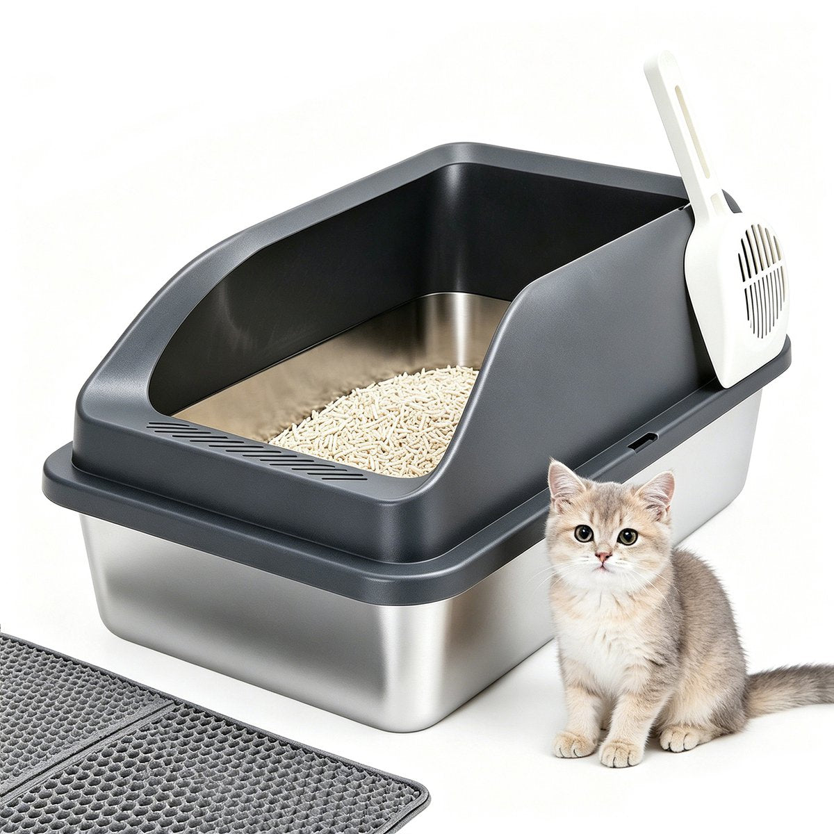 Nobleza Kattenbak RVS – Open Design – Met Hoge Rand & Antispat – Inclusief Kattenbakmat en Schep – 61 x 40,5 x 31 cm – Zilver/Grijs