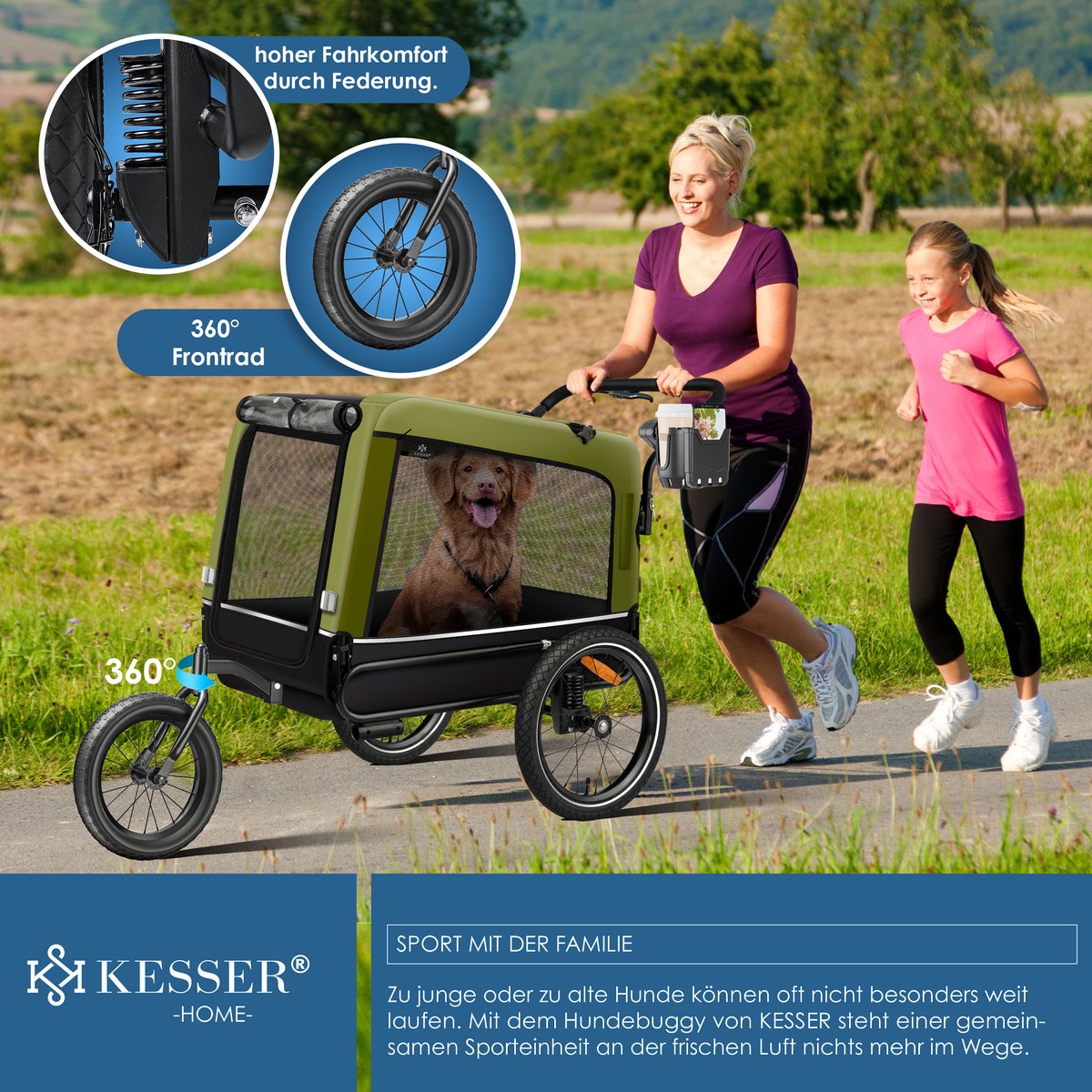 KESSER® Hondenfietskar tot 40 kg 3in1 Hondenbuggy - Fietskar Hond Jogger - Khaki