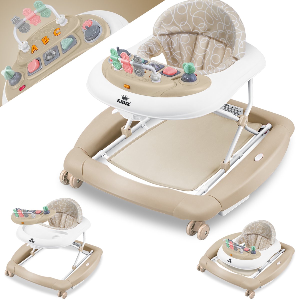 KIDIZ® 4in1 Baby walker - Loopstoel - Loopwagen - Opvouwbaar - Khaki •