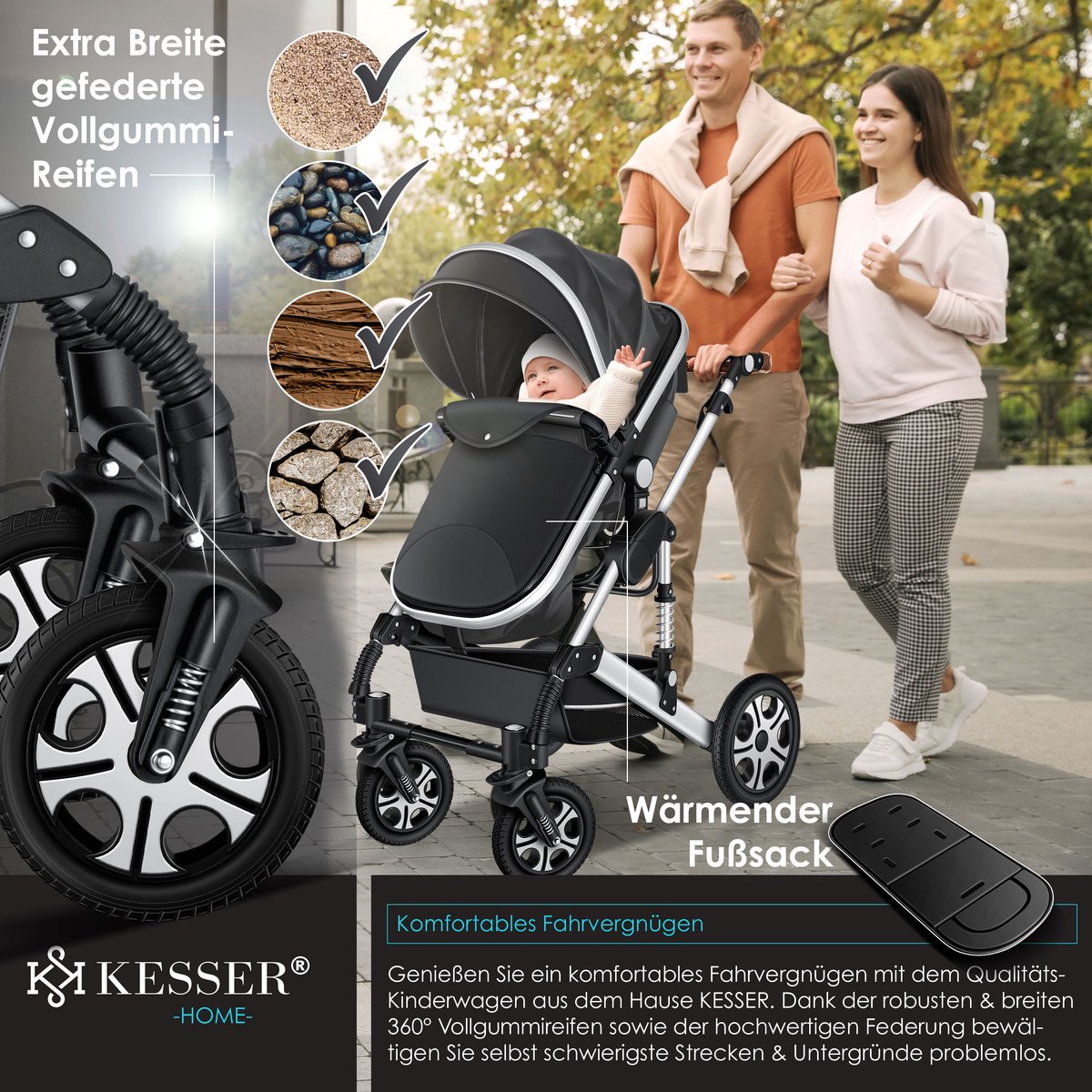Kinderwagen 3 in 1 - Buggy - Wandelwagen - Kinderbuggy - Grijs - KESSER®