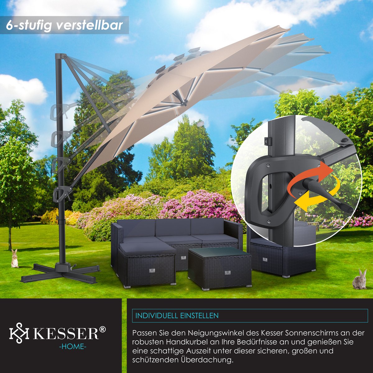 KESSER® SUN Zweefparasol XL Ø330 cm met LED Solar Verlichting - Parasol Inclusief Beschermhoes 360° Draaibaar UV50+ Tuinparasol Zonne-energie - Taupe