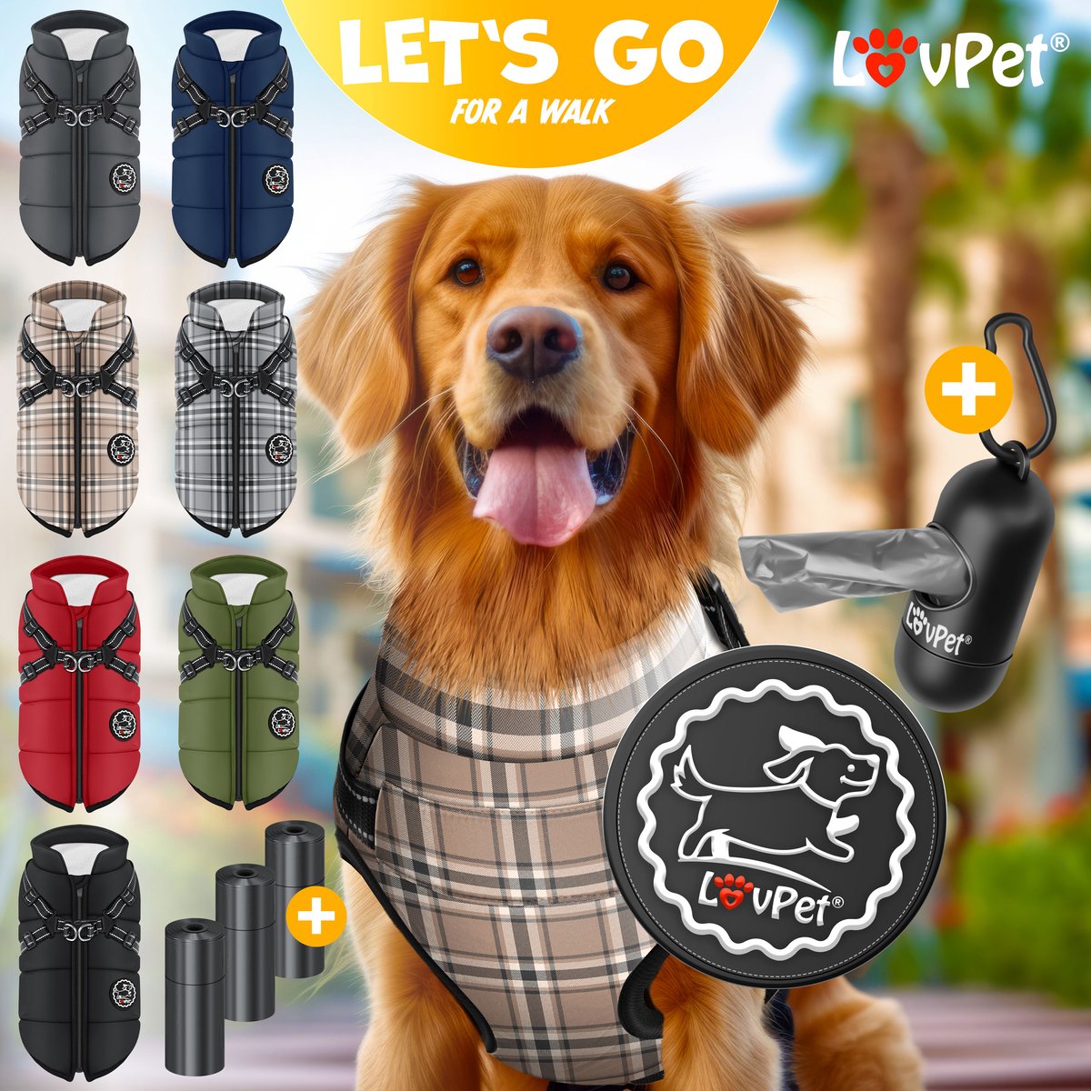 LOVPET® Hondenjas Hondenvacht met Harnas Waterafstotend, incl. 45 Stuks Poepzak + Dispenser, Winter Vest Hond Waterdicht Gevoerd, Gewatteerd Vest Met Borstband, Reflectoren, D-Ring - Beige / XL