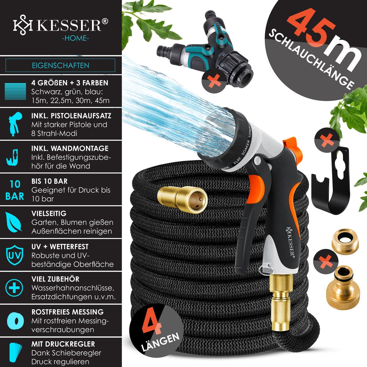 KESSER® Premium Tuinslang 45m - Uitrekbare Tuinslang - Zwart