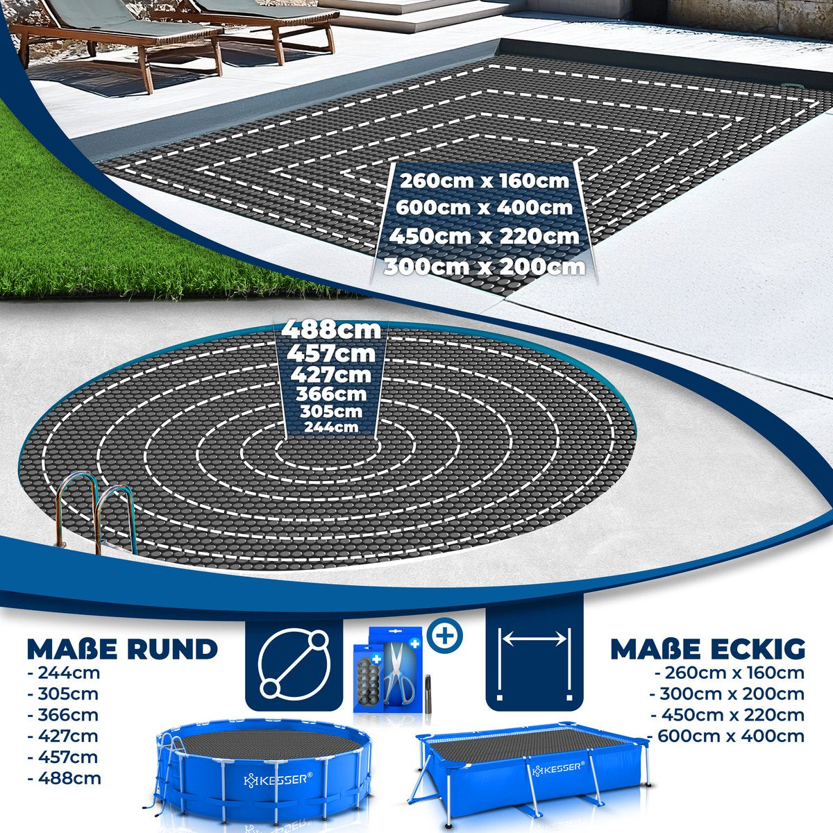 KESSER® Zwembad Afdekzeil Solar - verwarmend afdekzeil op maat te knippen geschikt voor Rechthoekige en ronde Zwembaden - Solarzeil inclusief met schaar, perforatietang & 12 oogjes voor bevestiging