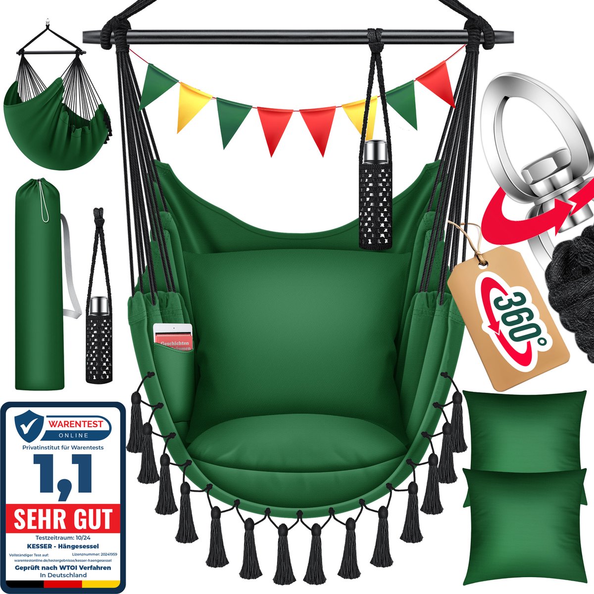 Hangstoel - Binnen & Buiten - Hangschommel - Tot 150kg - Groen - KESSER®