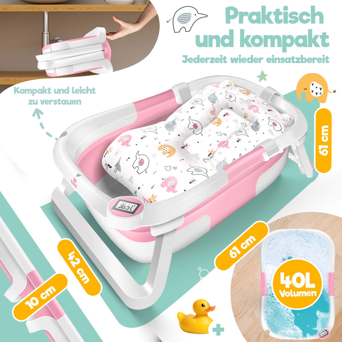 KIDIZ® Babybadje Opvouwbaar met Thermometer - 0-12 Maanden - Roze