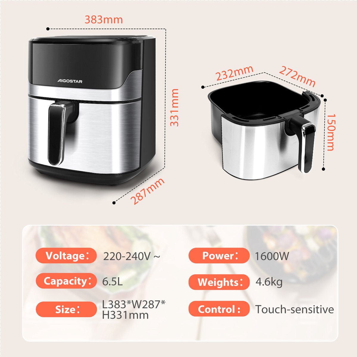 Aigostar 6,5L Airfryer - Heteluchtfriteuse - 1600W - Zwart