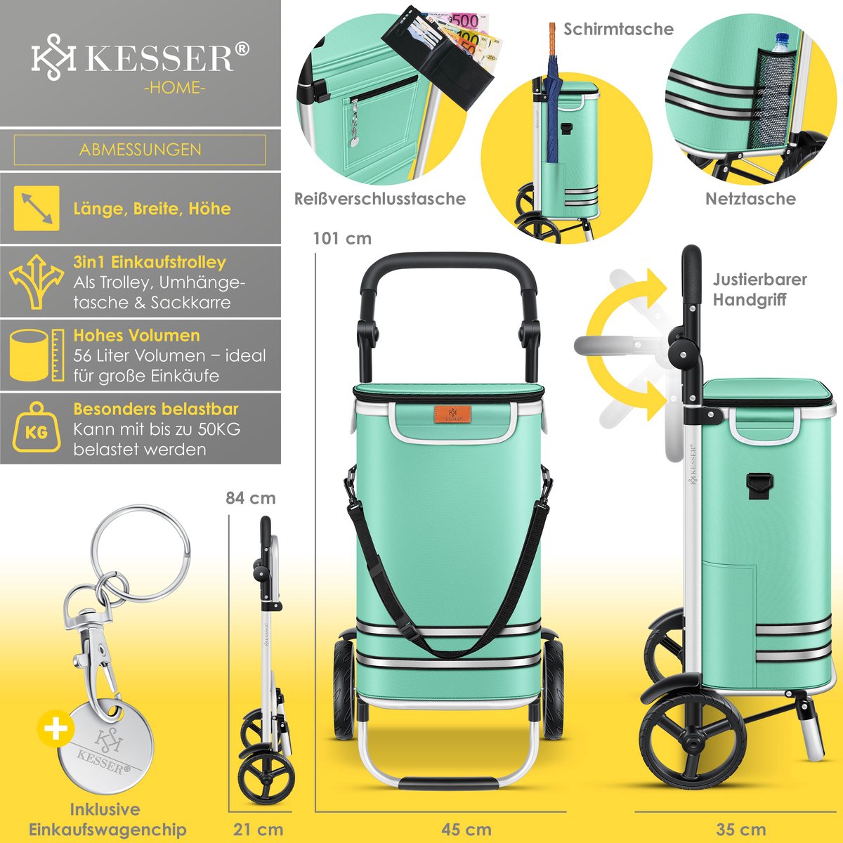KESSER® Boodschappentrolley met koelvak - Boodschappenwagen 56 liter - Steekwagen functie draagkracht tot 50 kg Opvouwbare Boodschappenkar - Mintgroen